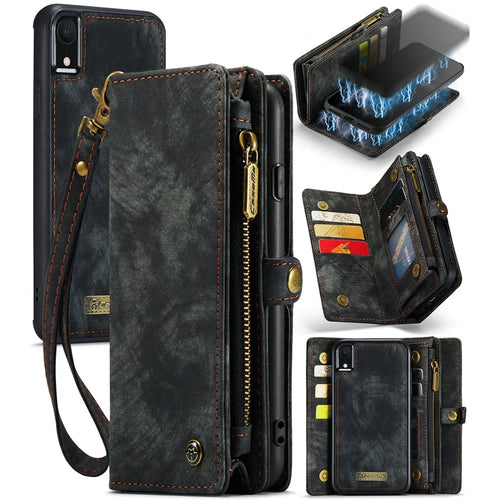 CASEME 008 Series Protective Cover for iPhone XR 6.1 inch, 2-in-1 Multi-slot Wallet Vintage PU Leather Case - Black - 1