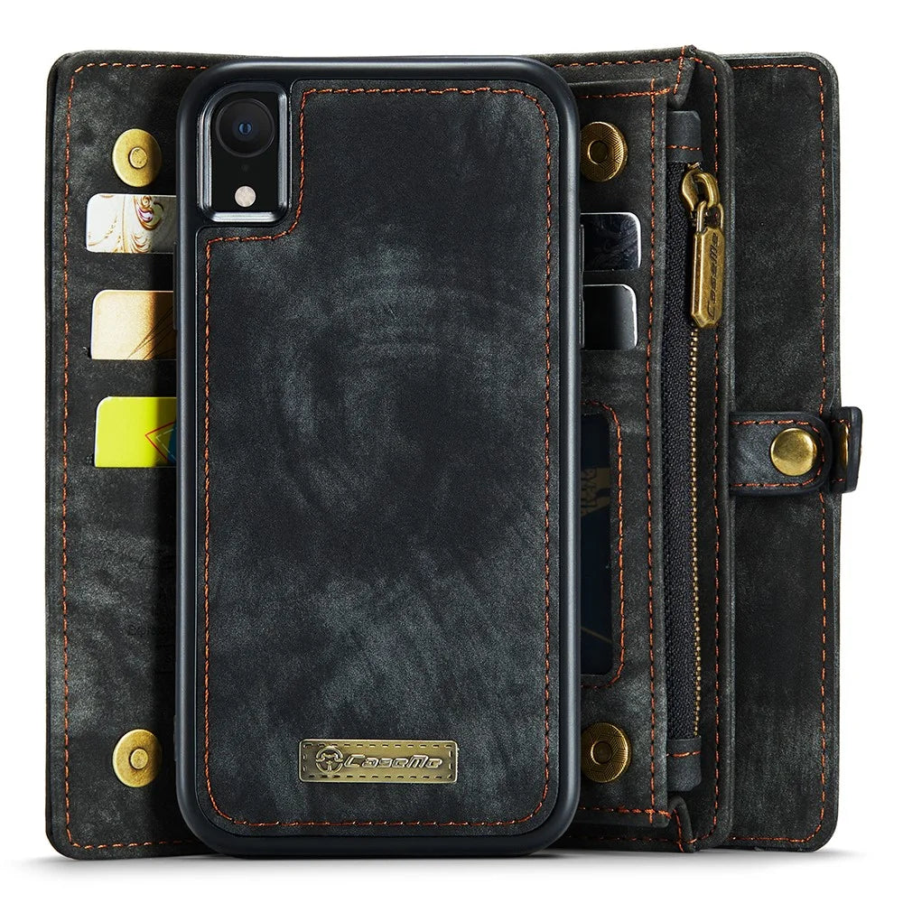 CASEME 008 Series Protective Cover for iPhone XR 6.1 inch, 2-in-1 Multi-slot Wallet Vintage PU Leather Case - Black - 3