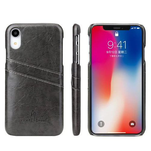 FIERRE SHANN for iPhone XR 6.1-inch Oil Wax Card Holder PU Leather Coated PC Protective Cover - Black - 1