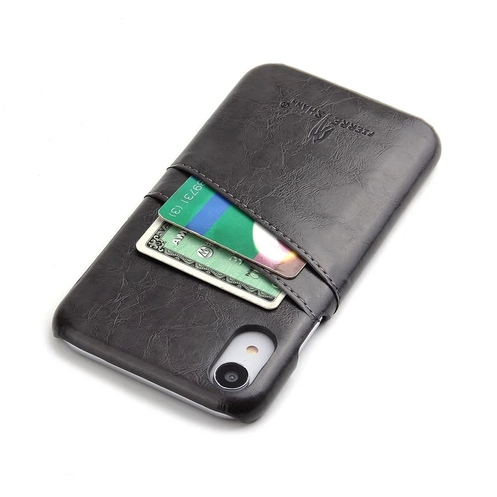FIERRE SHANN for iPhone XR 6.1-inch Oil Wax Card Holder PU Leather Coated PC Protective Cover - Black - 3