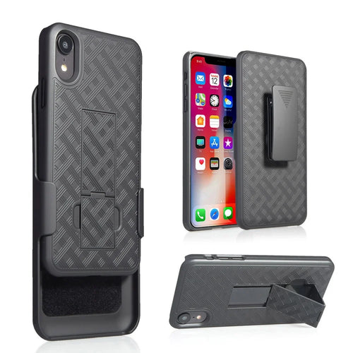 For iPhone XR 6.1 inch Woven Texture Swivel Belt Clip Holster PC + TPU Hybrid Case - Black - 1