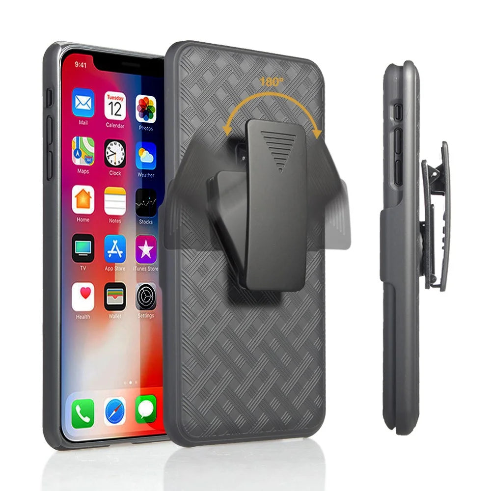 For iPhone XR 6.1 inch Woven Texture Swivel Belt Clip Holster PC + TPU Hybrid Case - Black - 2