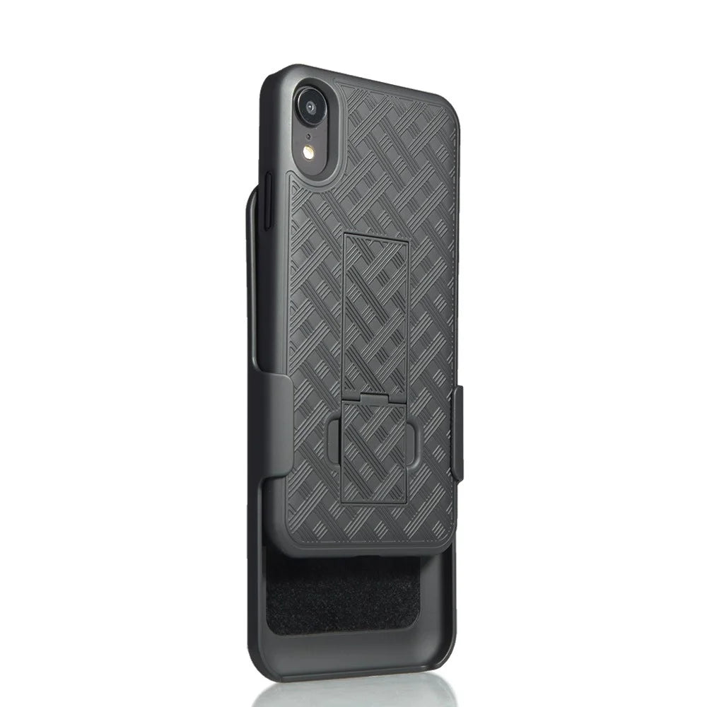 For iPhone XR 6.1 inch Woven Texture Swivel Belt Clip Holster PC + TPU Hybrid Case - Black - 4
