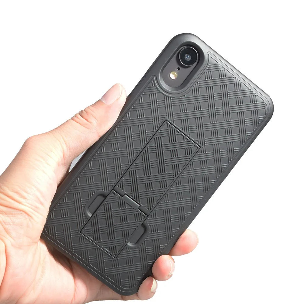 For iPhone XR 6.1 inch Woven Texture Swivel Belt Clip Holster PC + TPU Hybrid Case - Black - 5