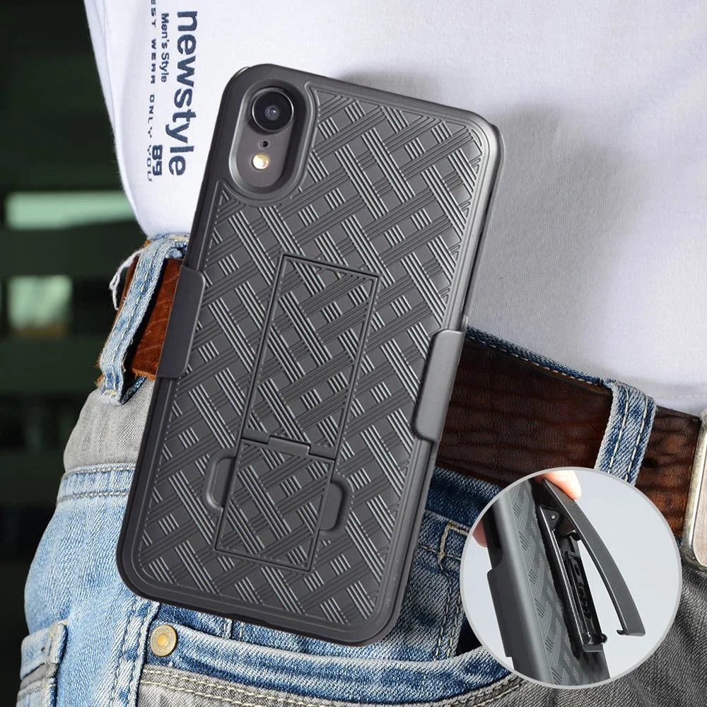 For iPhone XR 6.1 inch Woven Texture Swivel Belt Clip Holster PC + TPU Hybrid Case - Black - 7