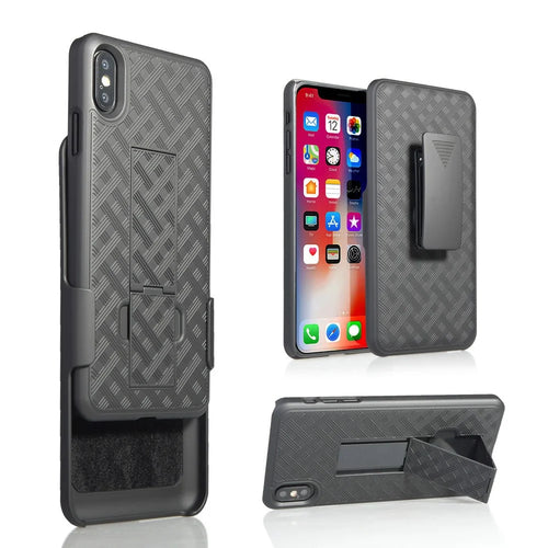 For iPhone XS Max 6.5 inch Woven Texture Swivel Belt Clip Holster PC + TPU Hybrid Cover - Black - 1