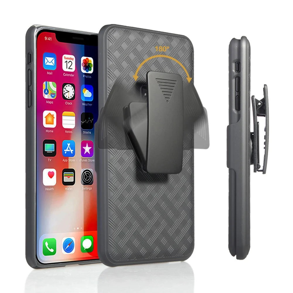 For iPhone XS Max 6.5 inch Woven Texture Swivel Belt Clip Holster PC + TPU Hybrid Cover - Black - 2