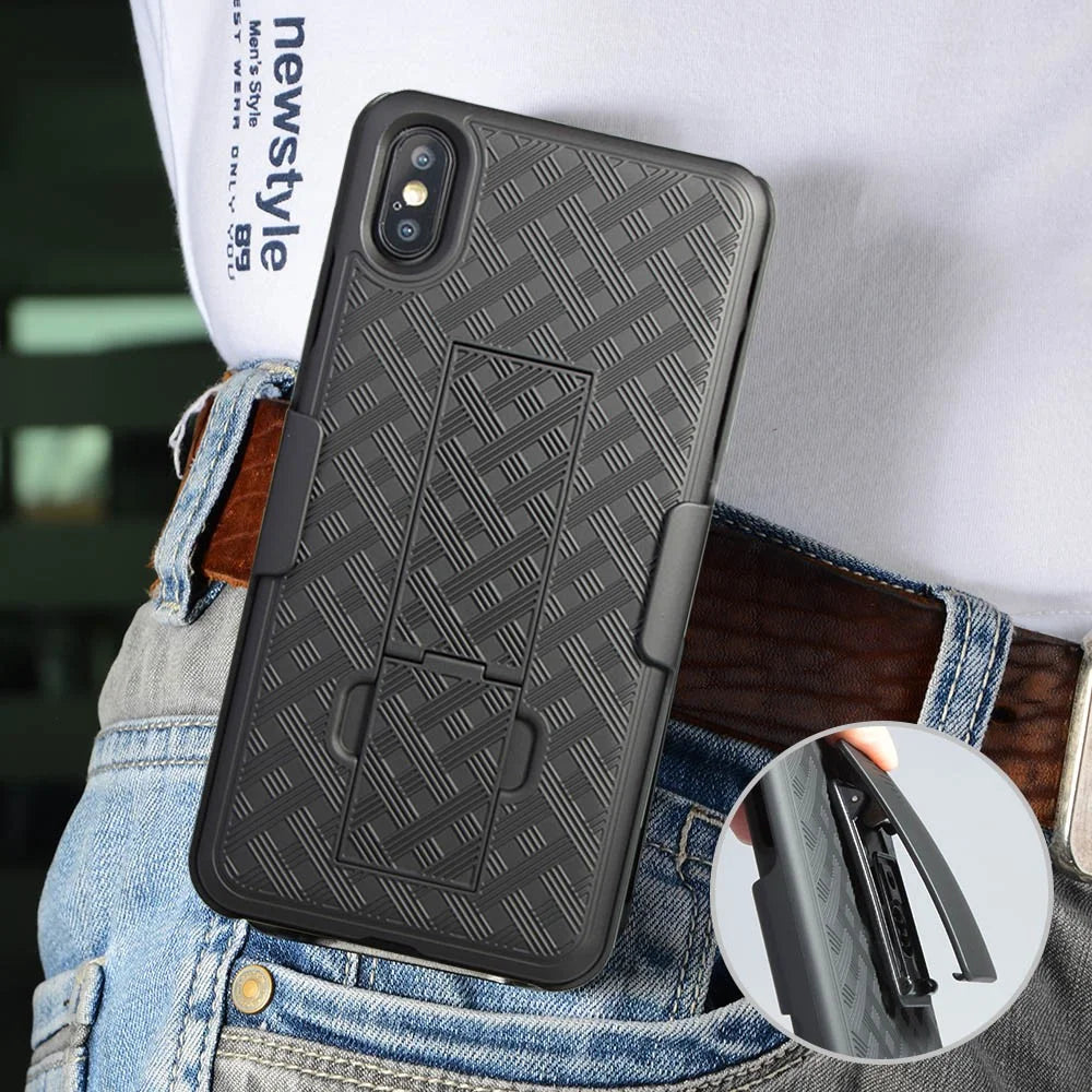 For iPhone XS Max 6.5 inch Woven Texture Swivel Belt Clip Holster PC + TPU Hybrid Cover - Black - 7