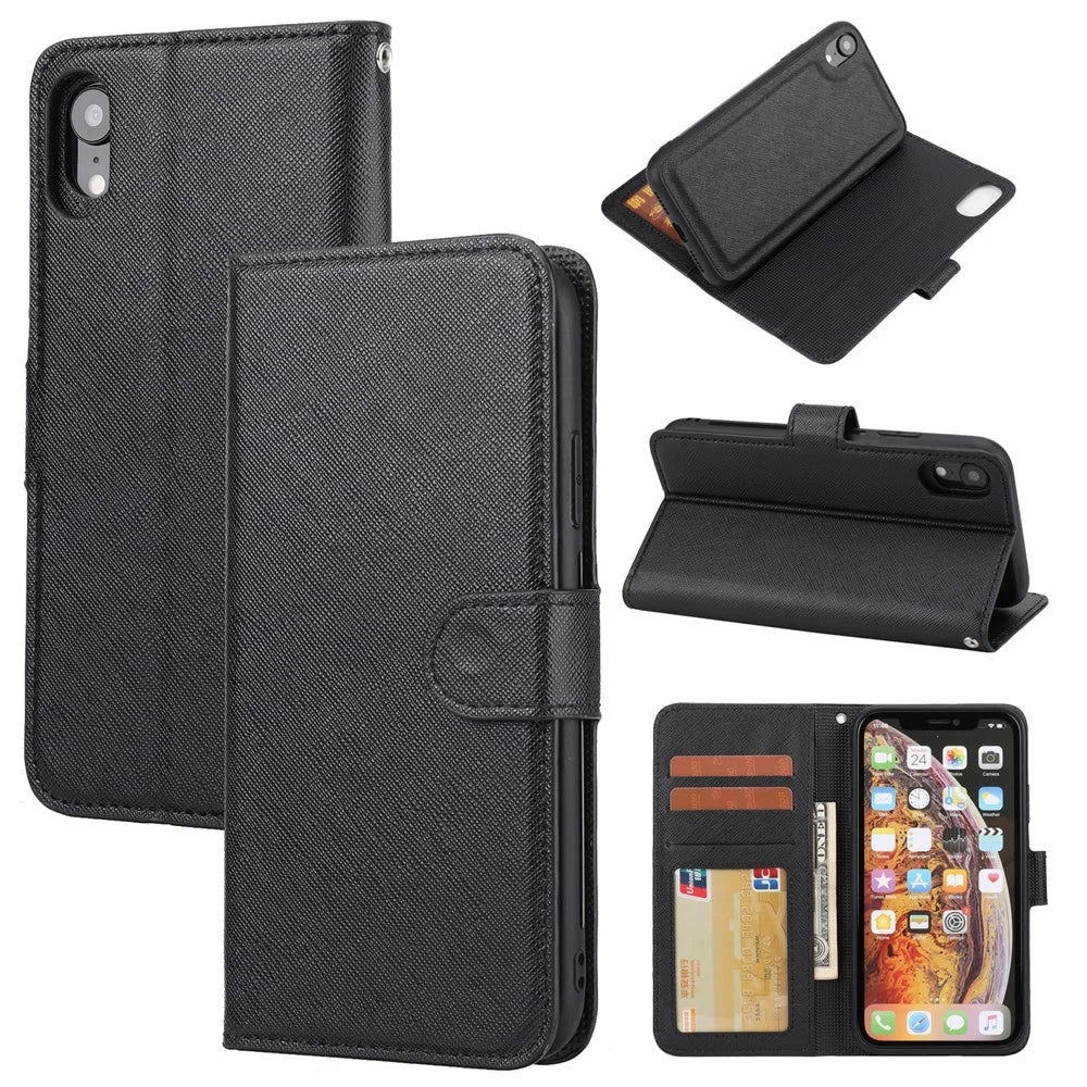 Cross Texture Leather Wallet Case + Removable TPU Back Shell for iPhone XR 6.1 inch - Black - 1