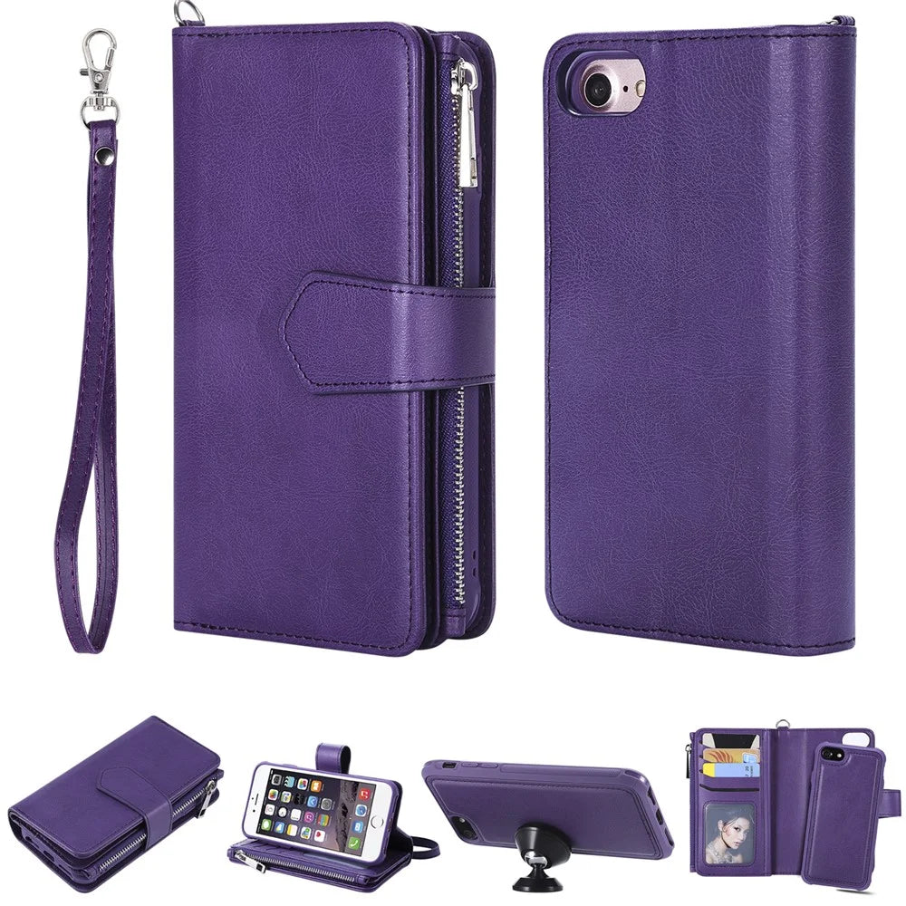 For iPhone SE (2022) / SE (2020)  / 8 / 7 / 6S / 6 Magnetic Leather Case Mobile Cover with Detachable Zipper Wallet Strap - Purple - 1