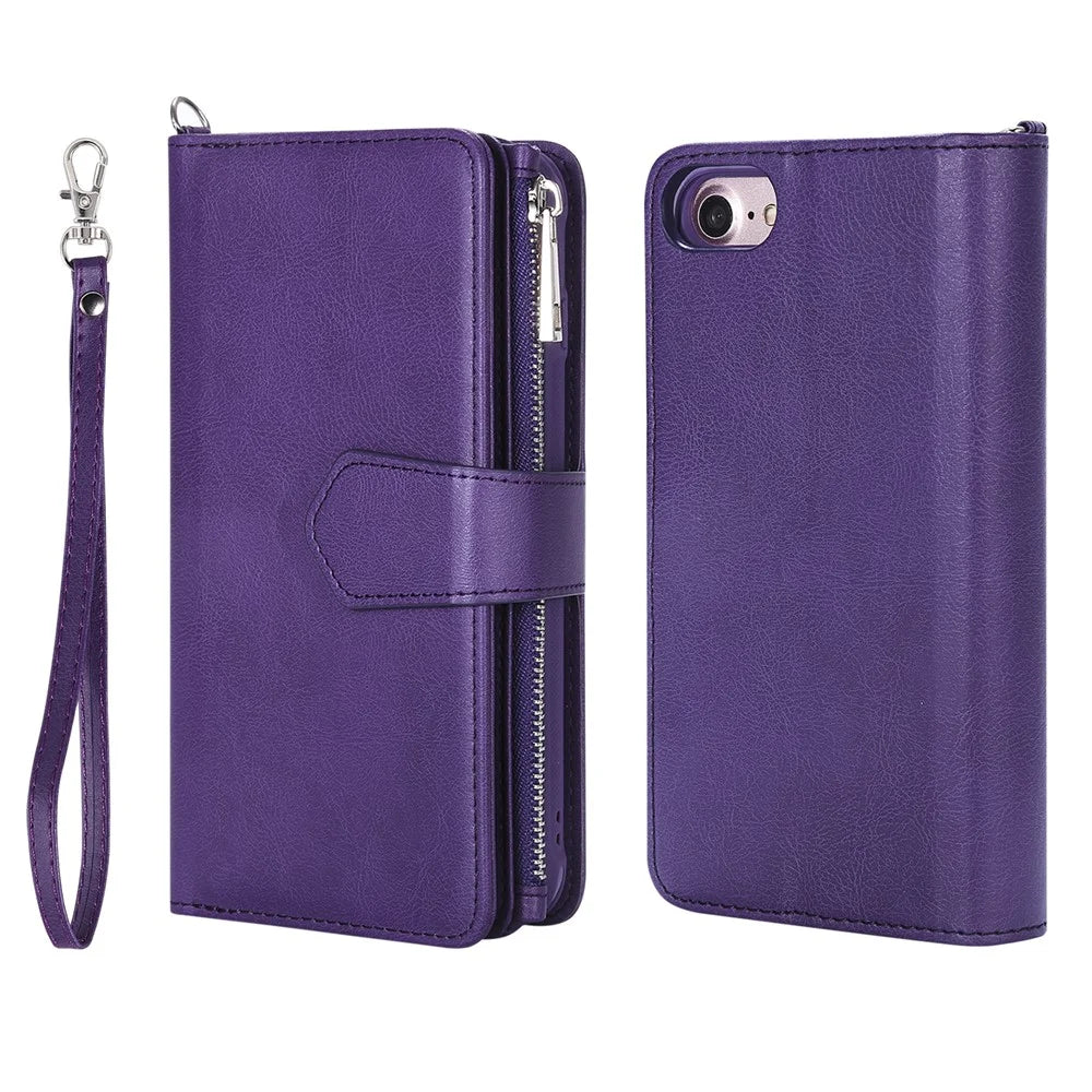 For iPhone SE (2022) / SE (2020)  / 8 / 7 / 6S / 6 Magnetic Leather Case Mobile Cover with Detachable Zipper Wallet Strap - Purple - 2
