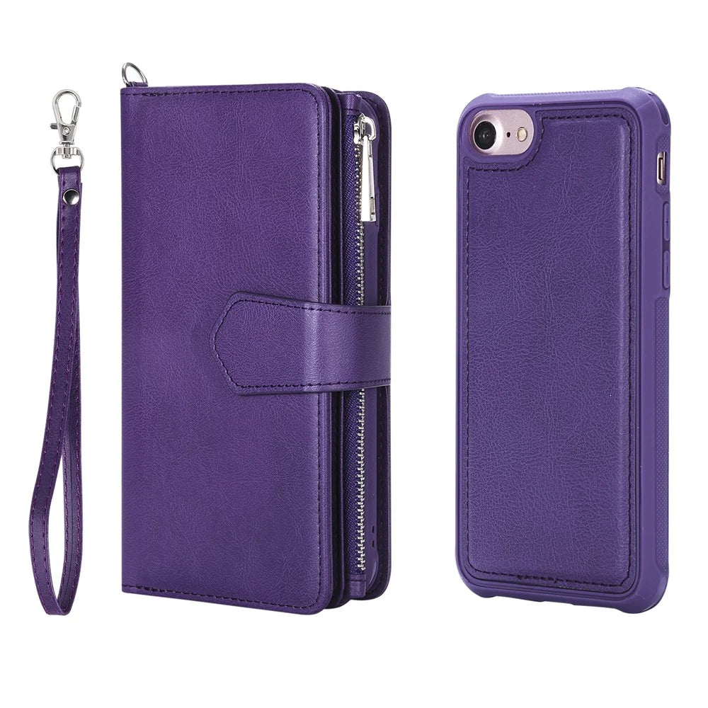 For iPhone SE (2022) / SE (2020)  / 8 / 7 / 6S / 6 Magnetic Leather Case Mobile Cover with Detachable Zipper Wallet Strap - Purple - 3