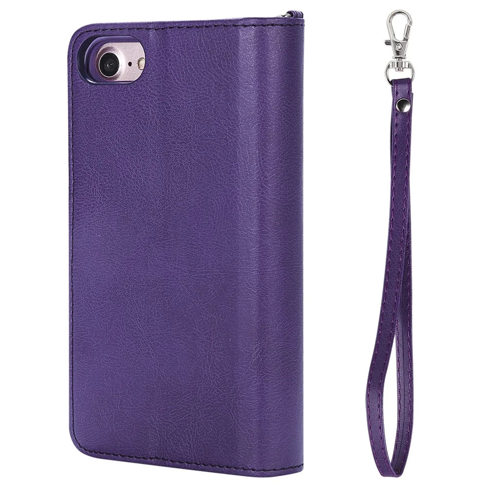 For iPhone SE (2022) / SE (2020)  / 8 / 7 / 6S / 6 Magnetic Leather Case Mobile Cover with Detachable Zipper Wallet Strap - Purple - 5