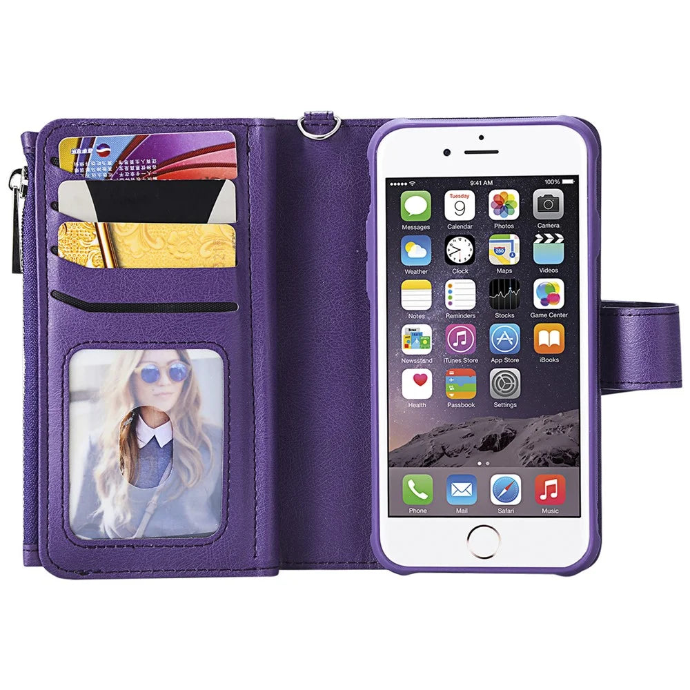 For iPhone SE (2022) / SE (2020)  / 8 / 7 / 6S / 6 Magnetic Leather Case Mobile Cover with Detachable Zipper Wallet Strap - Purple - 6