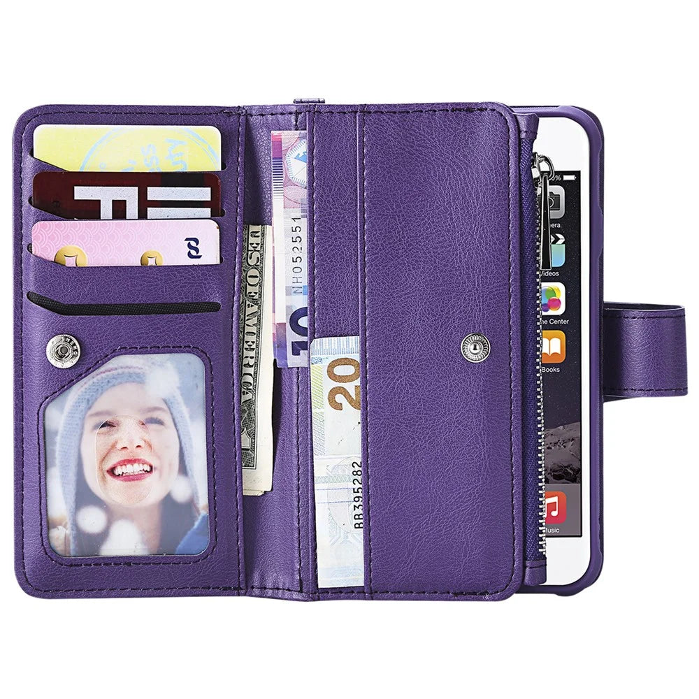 For iPhone SE (2022) / SE (2020)  / 8 / 7 / 6S / 6 Magnetic Leather Case Mobile Cover with Detachable Zipper Wallet Strap - Purple - 7