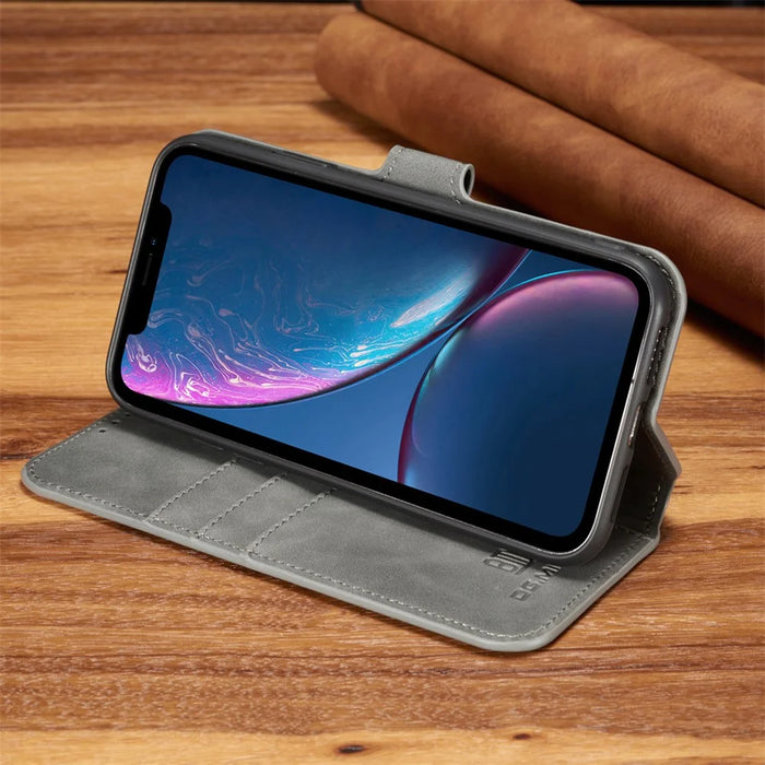 DG.MING Retro Style Leather Stand Case with Card Slots for iPhone XR 6.1 inch - Grey - 4