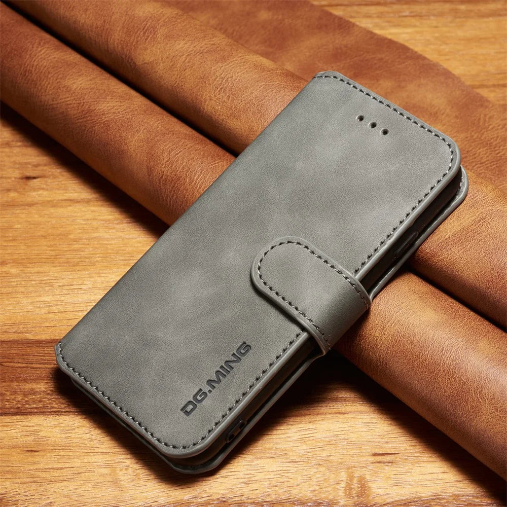 DG.MING Retro Style Wallet Cell Phone Cover for iPhone 7/8/SE (2022)/SE (2020) Leather Stand Case - Grey - 1