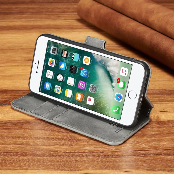 DG.MING Retro Style Wallet Cell Phone Cover for iPhone 7/8/SE (2022)/SE (2020) Leather Stand Case - Grey - 4