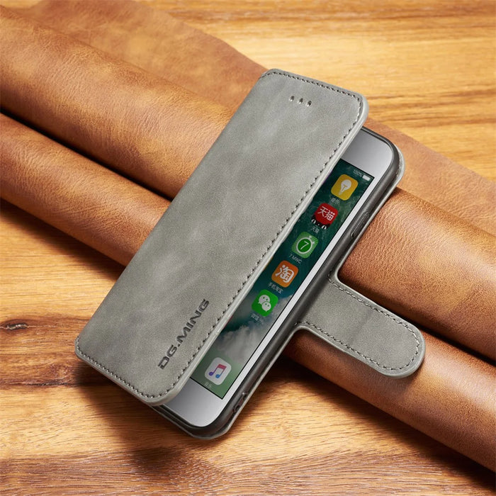 DG.MING Retro Style Wallet Cell Phone Cover for iPhone 7/8/SE (2022)/SE (2020) Leather Stand Case - Grey - 7
