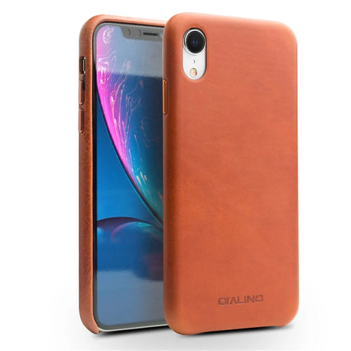 QIALINO For iPhone XR 6.1 inch Genuine Leather Coated PC Case Protection Mobile Phone Shell - Brown - 1