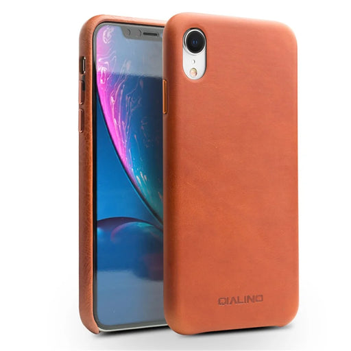 QIALINO For iPhone XR 6.1 inch Genuine Leather Coated PC Case Protection Mobile Phone Shell - Brown - 1