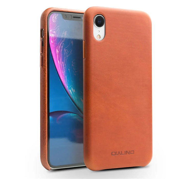QIALINO For iPhone XR 6.1 inch Genuine Leather Coated PC Case Protection Mobile Phone Shell - Brown - 1