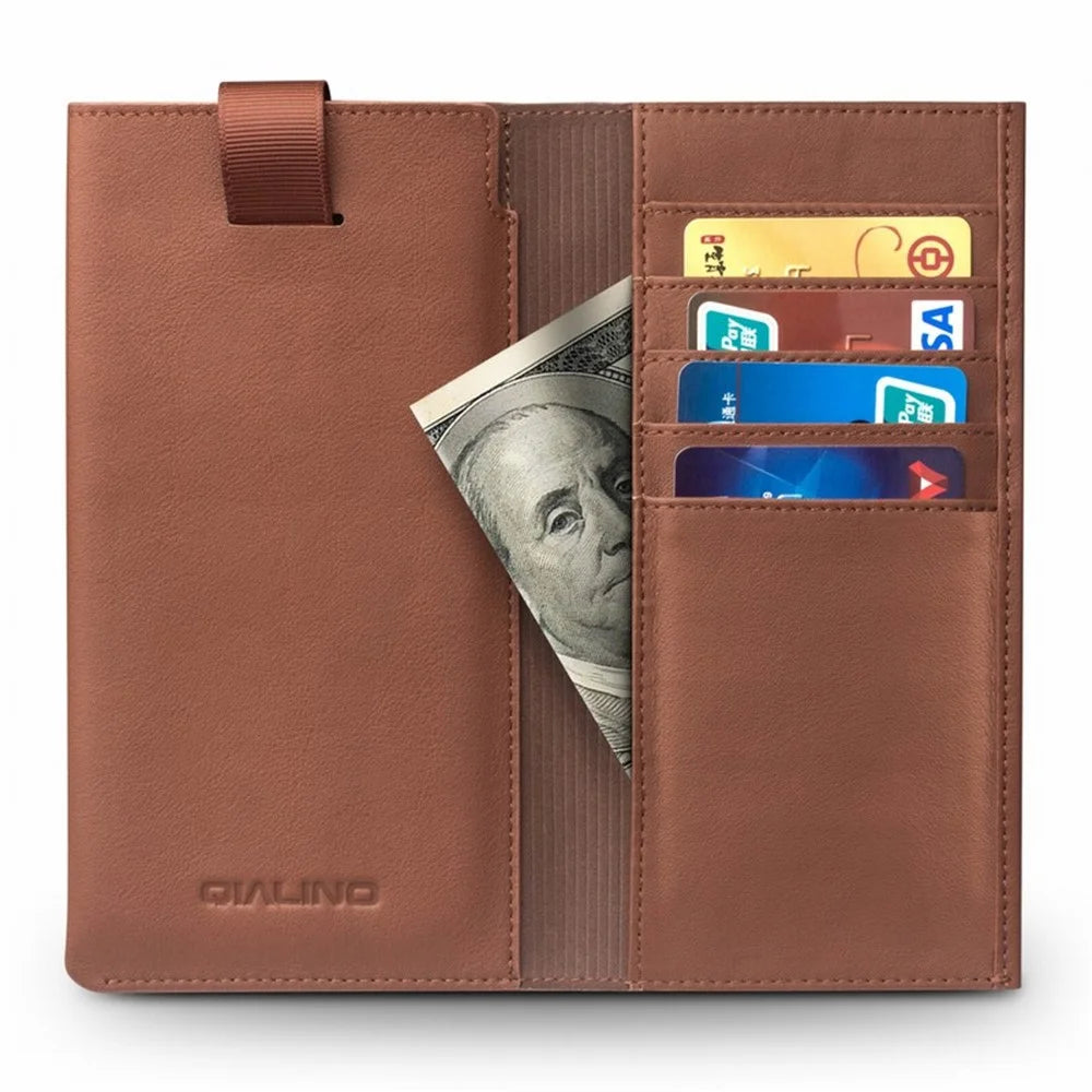 QIALINO Cowhide Leather Pouch Wallet Phone Case for iPhone XR 6.1 inch - Brown - 1