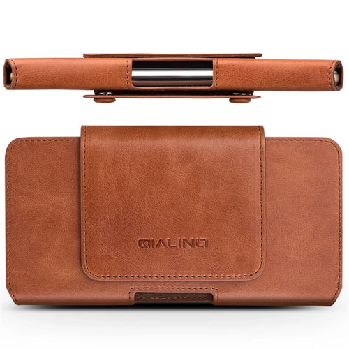 QIALINO For iPhone XR 6.1 inch / iPhone XS Max 6.5 inch Genuine Cow Leather Holster Case Phone Belt Hanging Bag, 16x9cm - Brown - 1