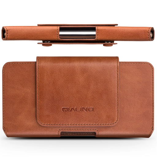 QIALINO For iPhone XR 6.1 inch / iPhone XS Max 6.5 inch Genuine Cow Leather Holster Case Phone Belt Hanging Bag, 16x9cm - Brown - 1