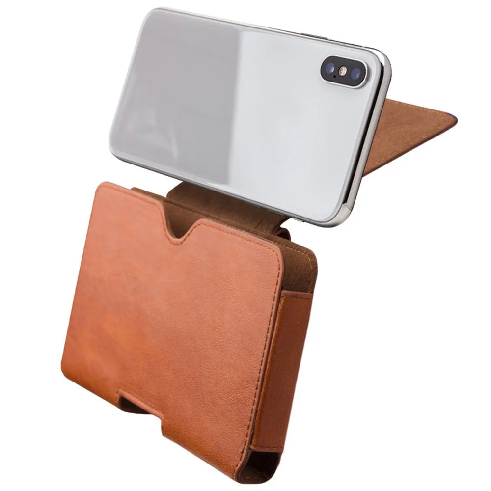 QIALINO For iPhone XR 6.1 inch / iPhone XS Max 6.5 inch Genuine Cow Leather Holster Case Phone Belt Hanging Bag, 16x9cm - Brown - 6