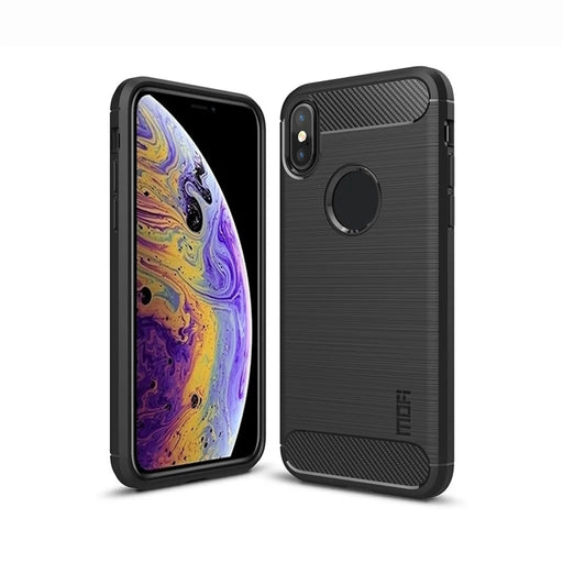 MOFI Carbon Fiber Texture Brushed TPU Back Case with Apple Logo for iPhone XS/X 5.8-inch - Black - 1