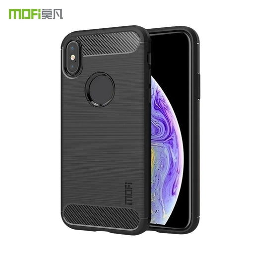 MOFI Carbon Fiber Texture Brushed TPU Back Case with Apple Logo for iPhone XS/X 5.8-inch - Black - 2