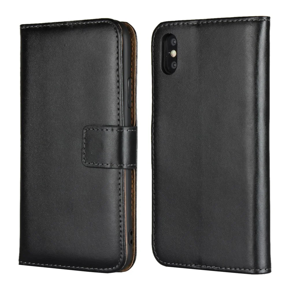 For iPhone XS 5.8 inch Genuine Split Leather Stand Wallet Flip Case - Black - 1