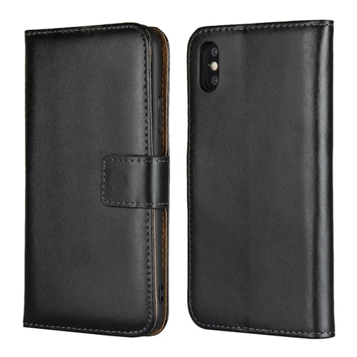 For iPhone XS 5.8 inch Genuine Split Leather Stand Wallet Flip Case - Black - 1
