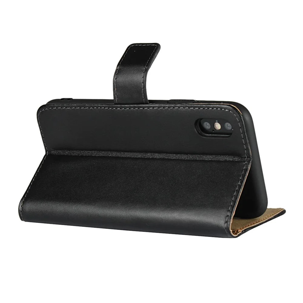 For iPhone XS 5.8 inch Genuine Split Leather Stand Wallet Flip Case - Black - 6