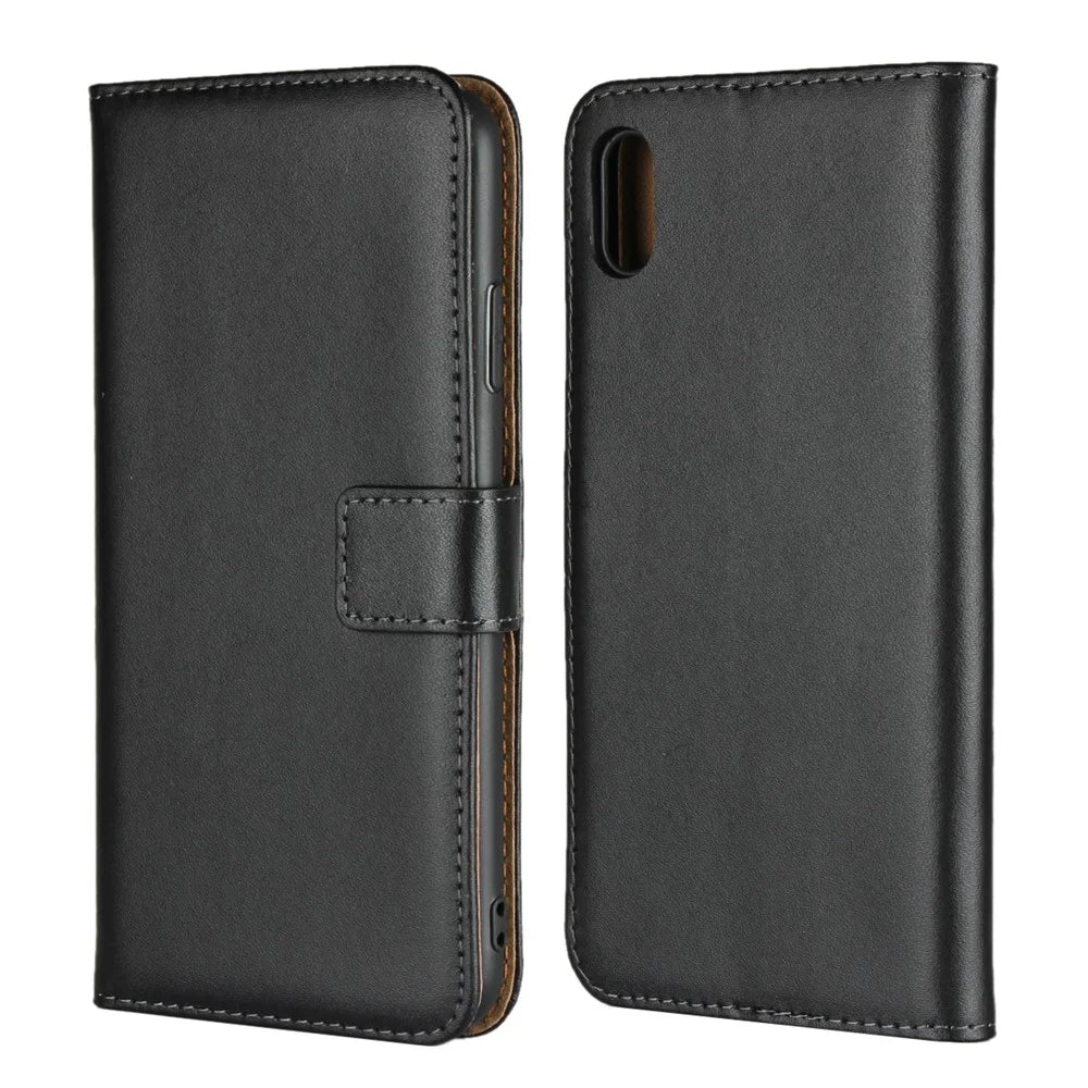 For iPhone XS Max 6.5 inch Genuine Split Leather Stand Wallet Folio Case - Black - 1