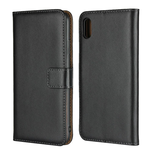 For iPhone XS Max 6.5 inch Genuine Split Leather Stand Wallet Folio Case - Black - 1