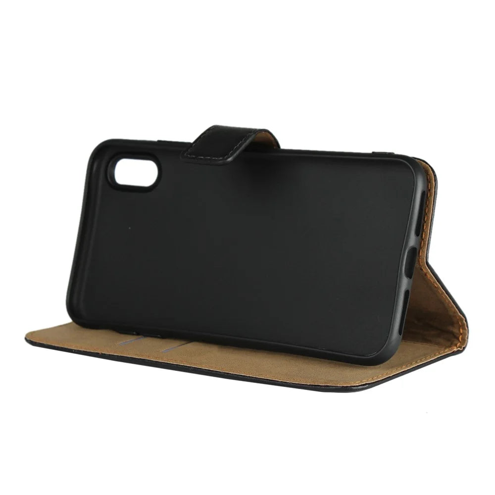 For iPhone XS Max 6.5 inch Genuine Split Leather Stand Wallet Folio Case - Black - 5