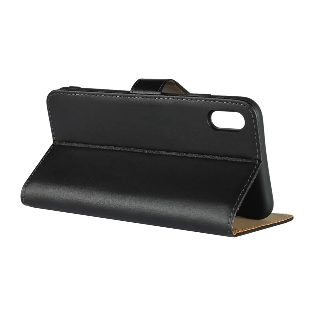 For iPhone XS Max 6.5 inch Genuine Split Leather Stand Wallet Folio Case - Black - 6