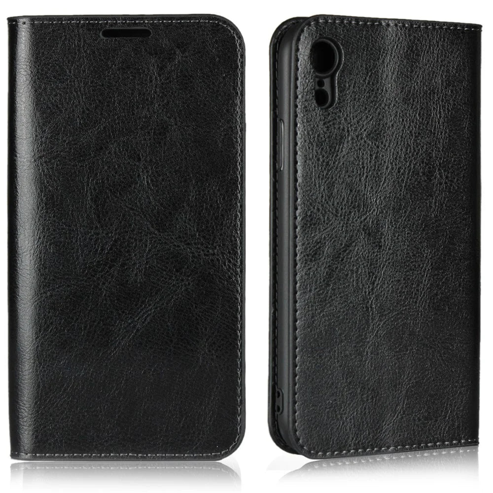 Crazy Horse Texture Genuine Leather Cover for iPhone XR 6.1 inch, Shockproof TPU Wallet Viewing Stand Flip Phone Case - Black - 1