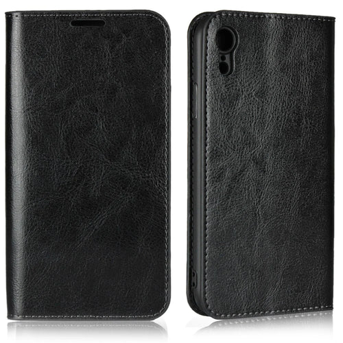 Crazy Horse Texture Genuine Leather Cover for iPhone XR 6.1 inch, Shockproof TPU Wallet Viewing Stand Flip Phone Case - Black - 1