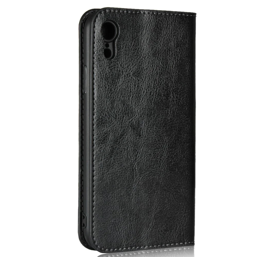 Crazy Horse Texture Genuine Leather Cover for iPhone XR 6.1 inch, Shockproof TPU Wallet Viewing Stand Flip Phone Case - Black - 3