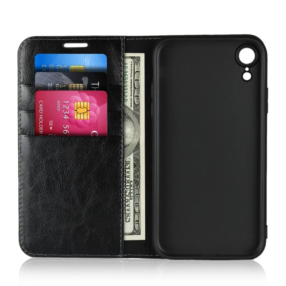 Crazy Horse Texture Genuine Leather Cover for iPhone XR 6.1 inch, Shockproof TPU Wallet Viewing Stand Flip Phone Case - Black - 4