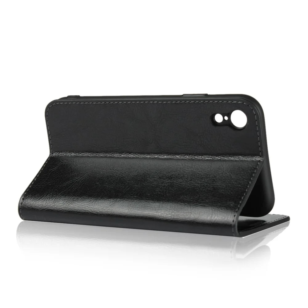 Crazy Horse Texture Genuine Leather Cover for iPhone XR 6.1 inch, Shockproof TPU Wallet Viewing Stand Flip Phone Case - Black - 5