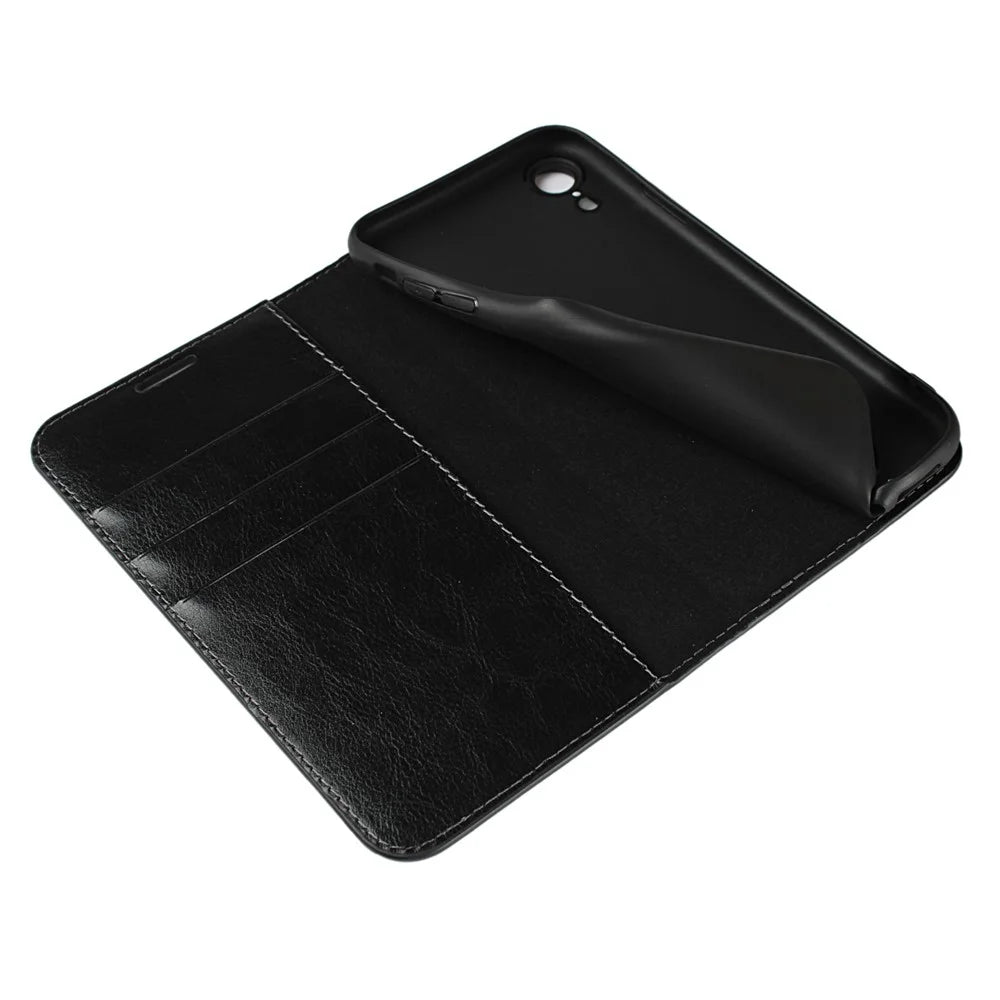 Crazy Horse Texture Genuine Leather Cover for iPhone XR 6.1 inch, Shockproof TPU Wallet Viewing Stand Flip Phone Case - Black - 6