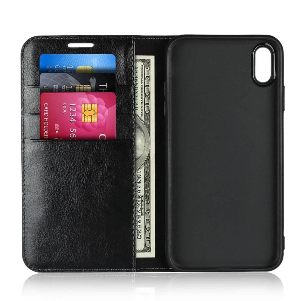 For iPhone XS Max 6.5 inch Crazy Horse Genuine Leather Wallet Case with Stand - Black - 4