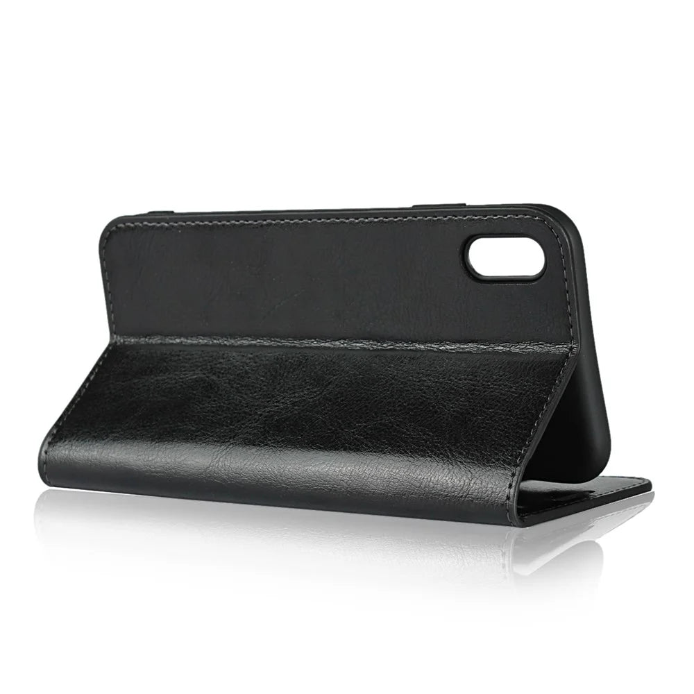 For iPhone XS Max 6.5 inch Crazy Horse Genuine Leather Wallet Case with Stand - Black - 5
