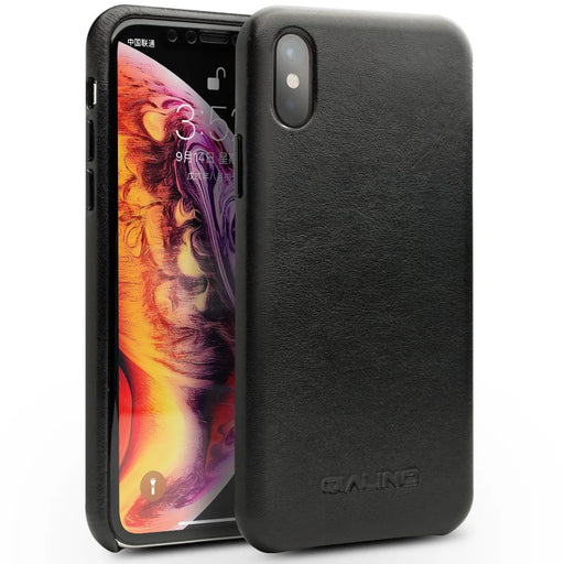 QIALINO for iPhone XS Max 6.5 inch Genuine Leather Coated PC Hard Case - Black - 1