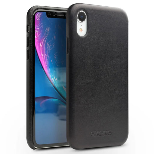 QIALINO for iPhone XR 6.1 inch Genuine Leather Coated PC Hard Case - Black - 1