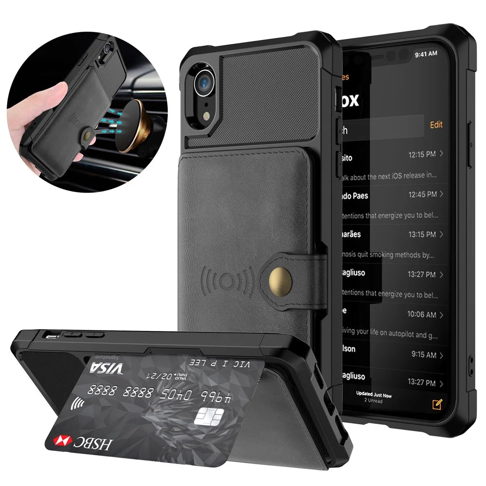 Leather Coated TPU Wallet Kickstand Casing with Built-in Magnetic Sheet for iPhone XR 6.1 inch - Black - 1